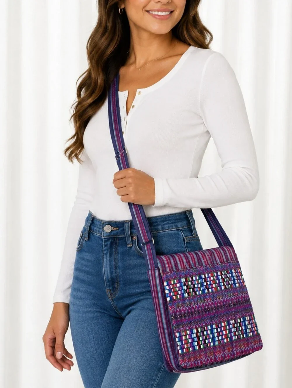 👜 Multicolor Woven Boho Crossbody Purple Pink Tribal Geometric Shoulder Purse
